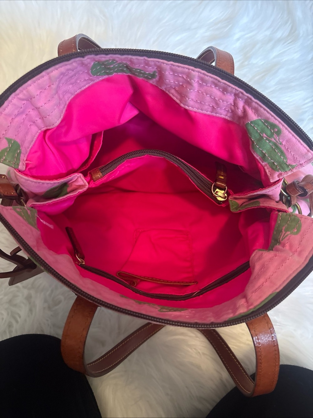 Dooney & Bourke Pink Canvas Tote with Green Duck Motif Brown Leather Trim preppy - Picture 8 of 8